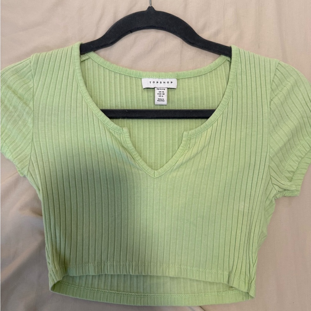 Topshop Light Green Ribbed V-Neck Crop Top